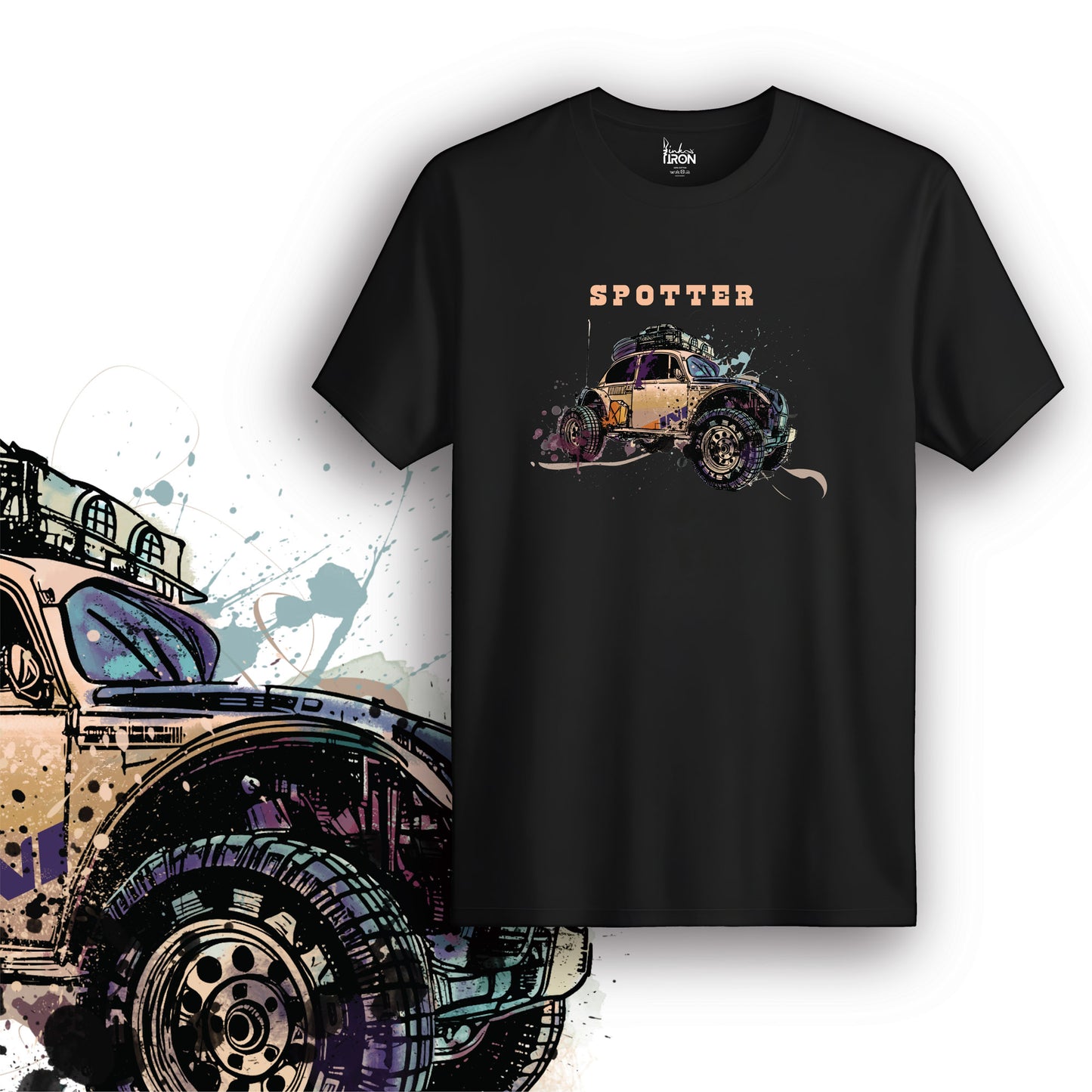 Spotter T-Shirt (Black) – Adventure-ready tee featuring a rugged Baja Bug design with splatter art and bold “Spotter” text.