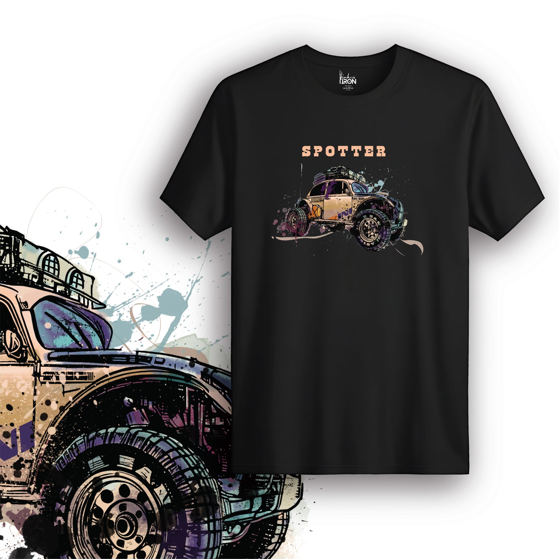 Spotter T-Shirt (Black) – Adventure-ready tee featuring a rugged Baja Bug design with splatter art and bold “Spotter” text.