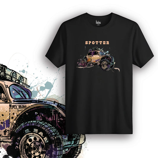 Spotter T-Shirt (Black) – Adventure-ready tee featuring a rugged Baja Bug design with splatter art and bold “Spotter” text.