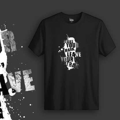 Leave Your Trail T-Shirt (Black) - Striking design featuring a silhouette with dynamic brush strokes and bold lettering that urges individuality.

