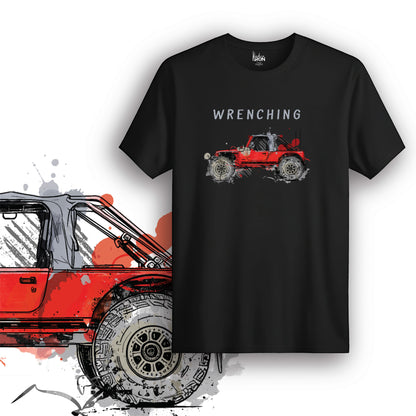 Wrenching T-Shirt (Black) – Off-road mechanic’s tee featuring a bold red Jeep design with a rugged splatter effect and “Wrenching” text.