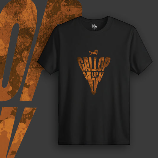 Gallop Up T-Shirt (Black) -  Features a dynamic downward triangle design with bold “Gallop Up” typography in burnt orange.
