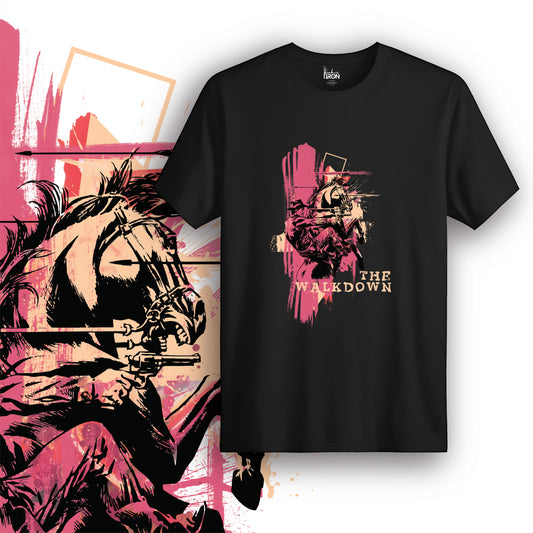 The Walkdown T-Shirt (Black) – Vivid rose-hued horse and rider illustration with textured brush strokes, layered with bold text for a dramatic, graphic impact.
