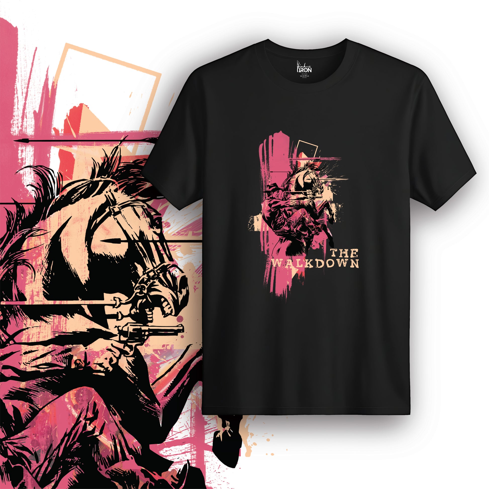 The Walkdown T-Shirt (Black) – Vivid rose-hued horse and rider illustration with textured brush strokes, layered with bold text for a dramatic, graphic impact.

