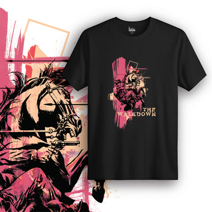 The Walkdown T-Shirt (Black) – Vivid rose-hued horse and rider illustration with textured brush strokes, layered with bold text for a dramatic, graphic impact.
