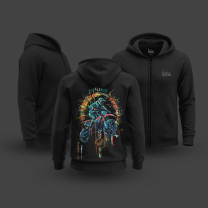 Bold hand-painted rider artwork printed on the back, featuring layered colors, dynamic motion, and fine brush detailing - making each hoodie a one-of-one statement piece