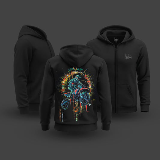 Bold hand-painted rider artwork printed on the back, featuring layered colors, dynamic motion, and fine brush detailing - making each hoodie a one-of-one statement piece