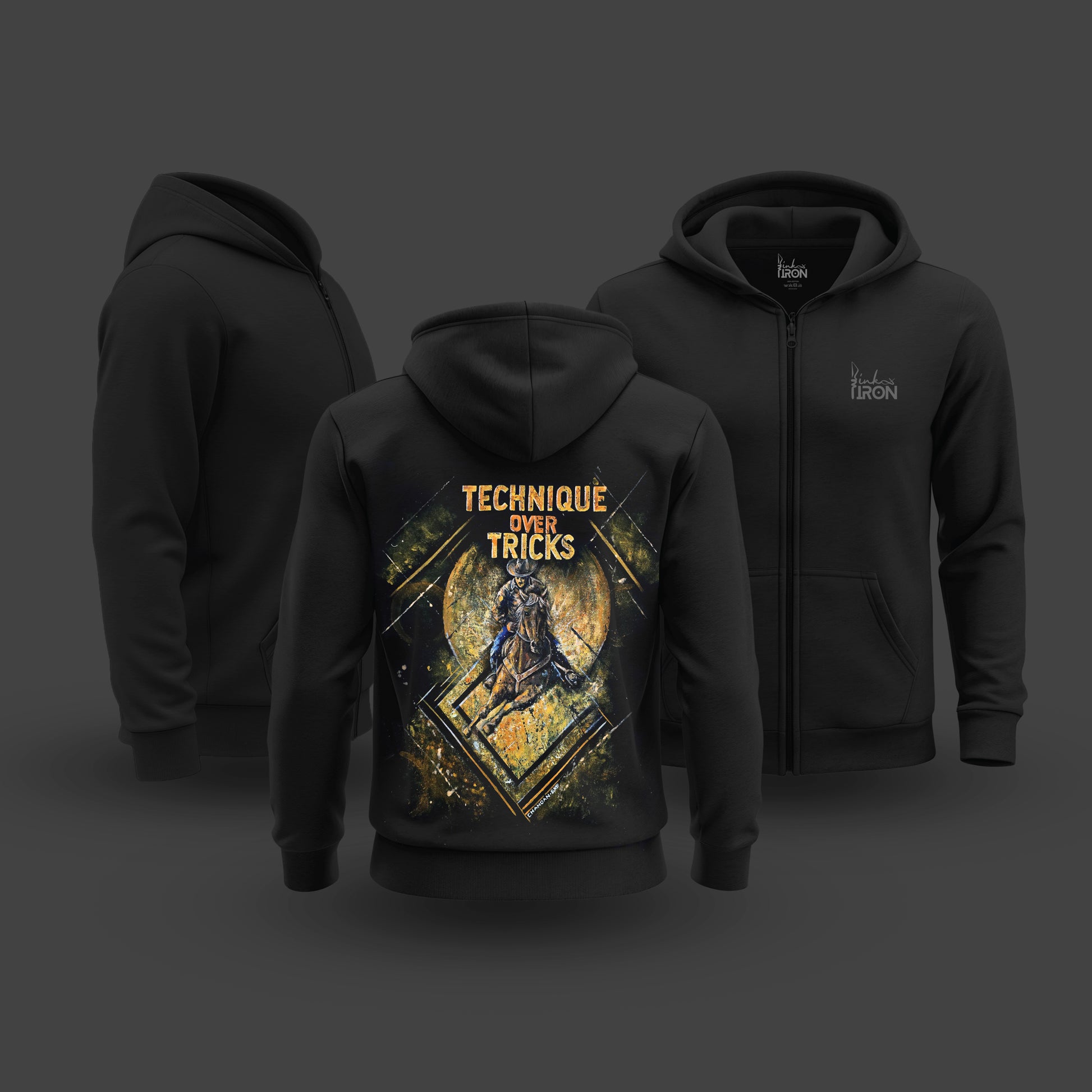 Bold hand-painted cowboy-inspired artwork printed on the back, featuring western motifs, layered tones, and detailed brushwork that give the piece its distinctive character and depth.