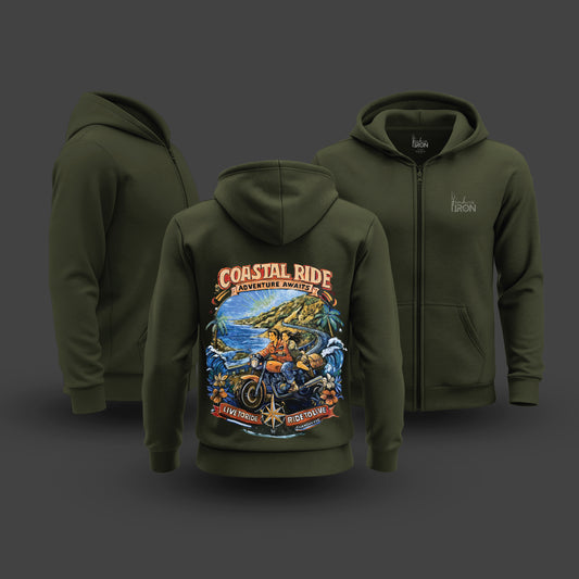 Striking hand-painted artwork on the back, inspired by travel, exploration, and the call of the open road. Rich colors, layered details, and hand-finished texture make every hoodie a one-of-one piece.

