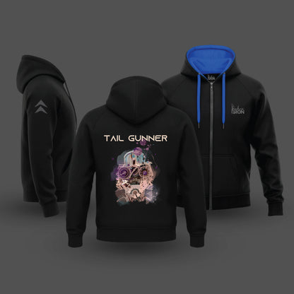 Navy blue hoodie with 'Tail Gunner' design on a dark background
