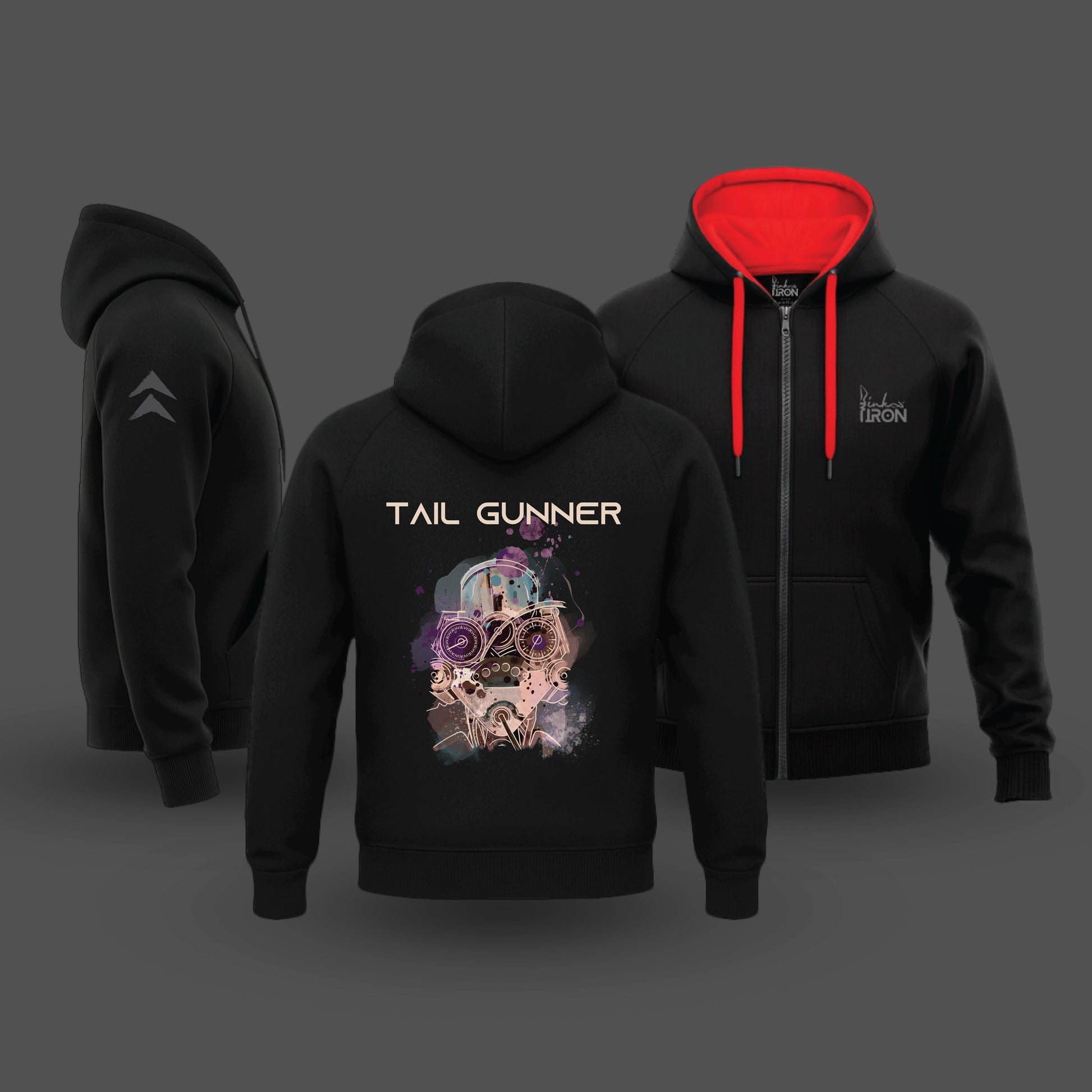Black hoodie with 'Tail Gunner' design on the back, shown from front, back, and side views.