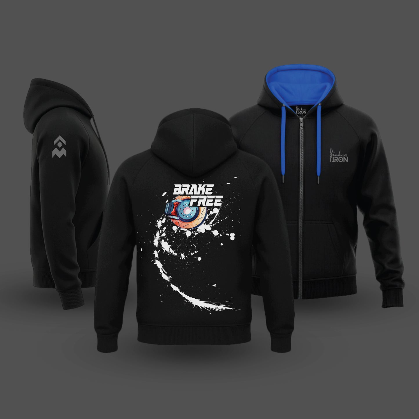 Ink and Iron Brake Free Hoodie in Blue - Rider hoodie with freedom-inspired artwork.