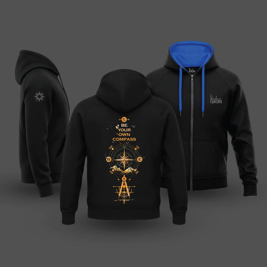 Ink and Iron Compass Hoodie in Blue - Adventure-inspired hoodie with golden compass artwork.
