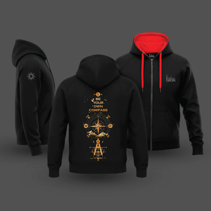 Ink and Iron Compass Hoodie in Black - Rider hoodie with compass graphic and moto edge.