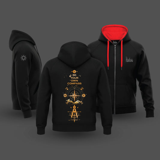 Ink and Iron Compass Hoodie in Black - Rider hoodie with compass graphic and moto edge.