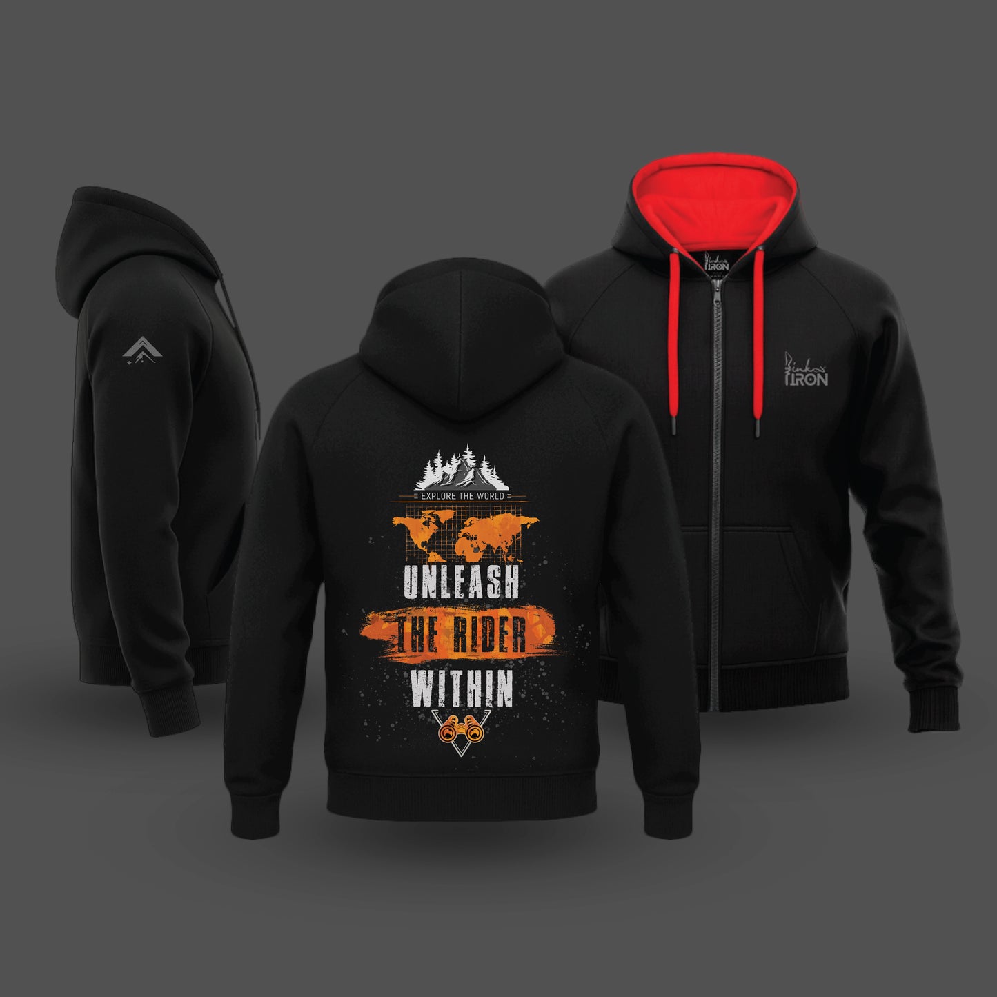 Ink and Iron Unleash The Rider Hoodie in Black Red- Bold typography design for riders.
