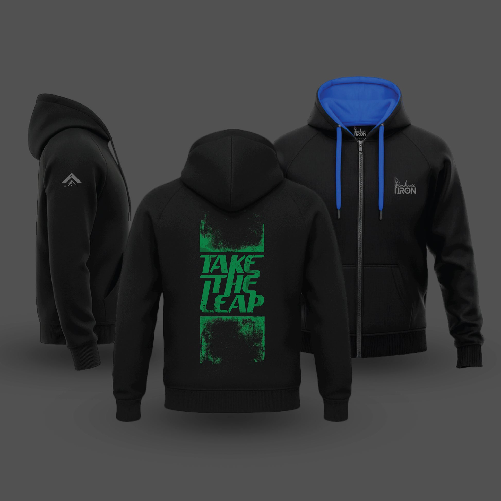 Ink and Iron Take The Leap Hoodie in Blue - bold graphic hoodie symbolizing courage and motion.