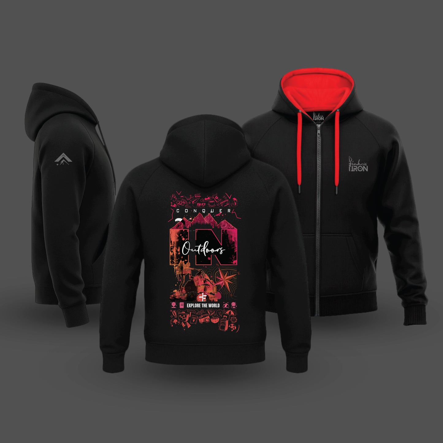  Ink and Iron Conquer In Outdoors Hoodie in Black Red- bold graphic hoodie symbolizing independence and courage.  