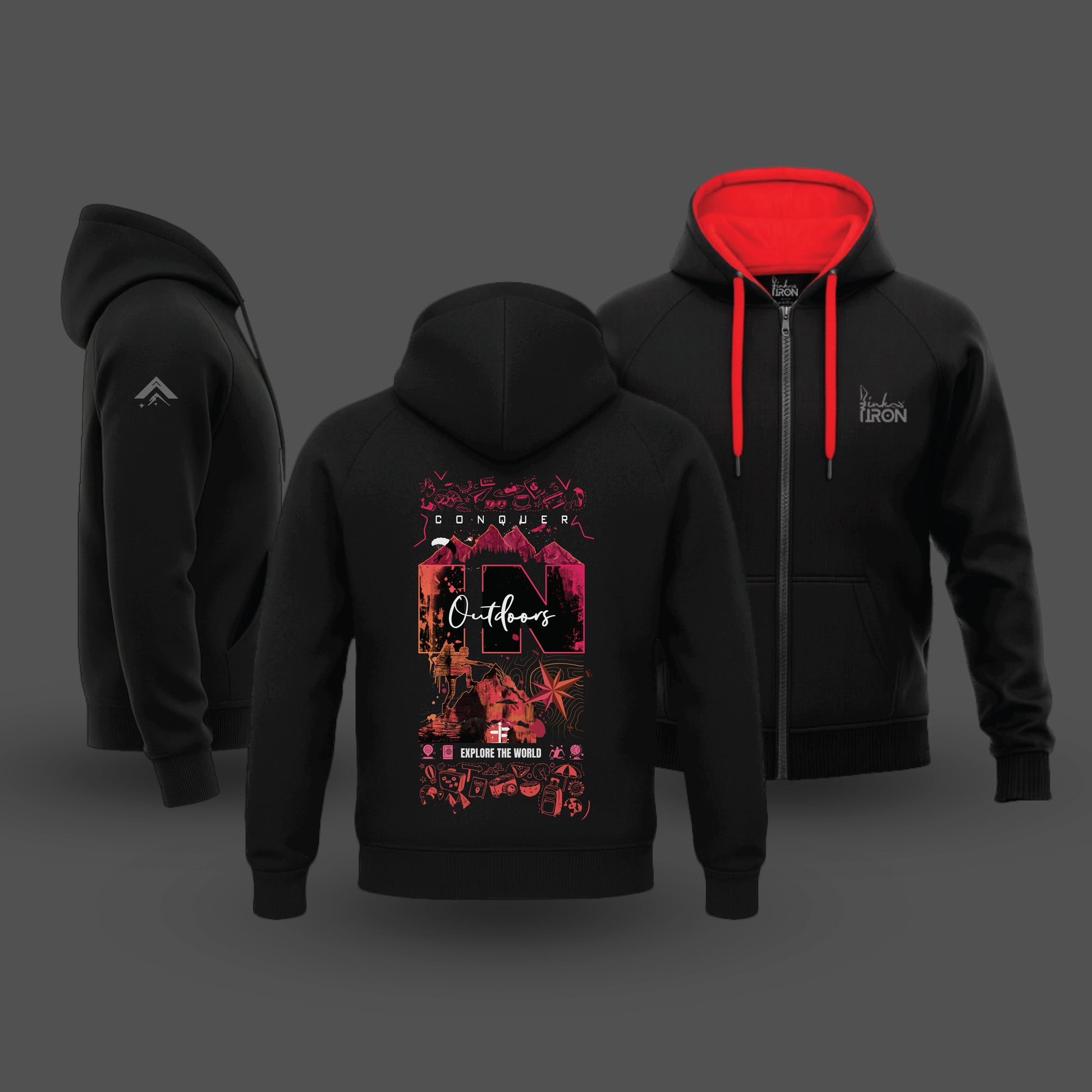  Ink and Iron Conquer In Outdoors Hoodie in Black Red- bold graphic hoodie symbolizing independence and courage.  