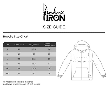 Hoodie size chart with measurements and Pink Iron logo on a white background
