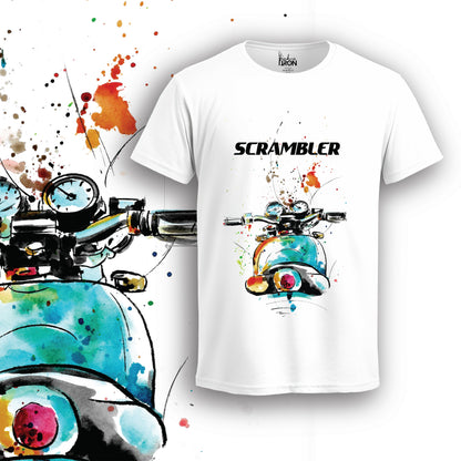 Scrambler Motorcycle T-Shirt (White) – Front view of adventure-inspired biker tee by Ink and Iron, featuring a hand-drawn design on premium cotton.
