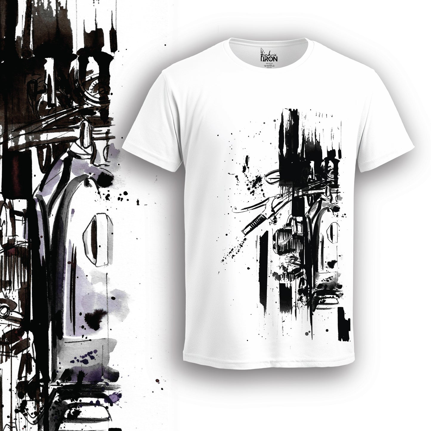 Top Shot Motorcycle T-Shirt (White) – Front view of contemporary biker artwork by Ink and Iron, featuring an abstract, top-down motorcycle illustration rendered in bold black strokes on premium cotton.
