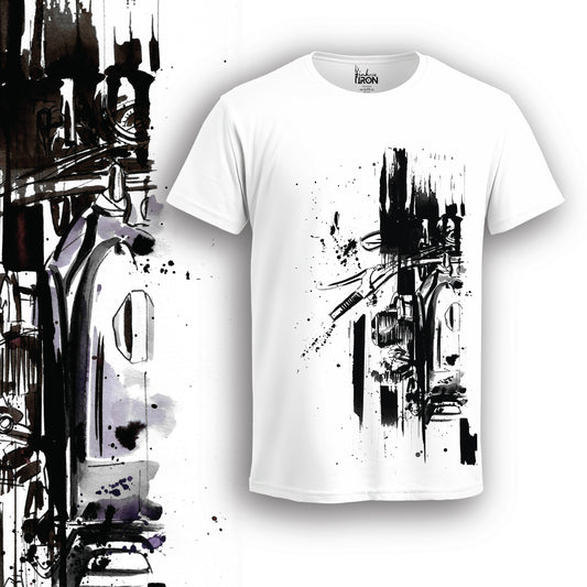 Top Shot Motorcycle T-Shirt (White) – Front view of contemporary biker artwork by Ink and Iron, featuring an abstract, top-down motorcycle illustration rendered in bold black strokes on premium cotton.
