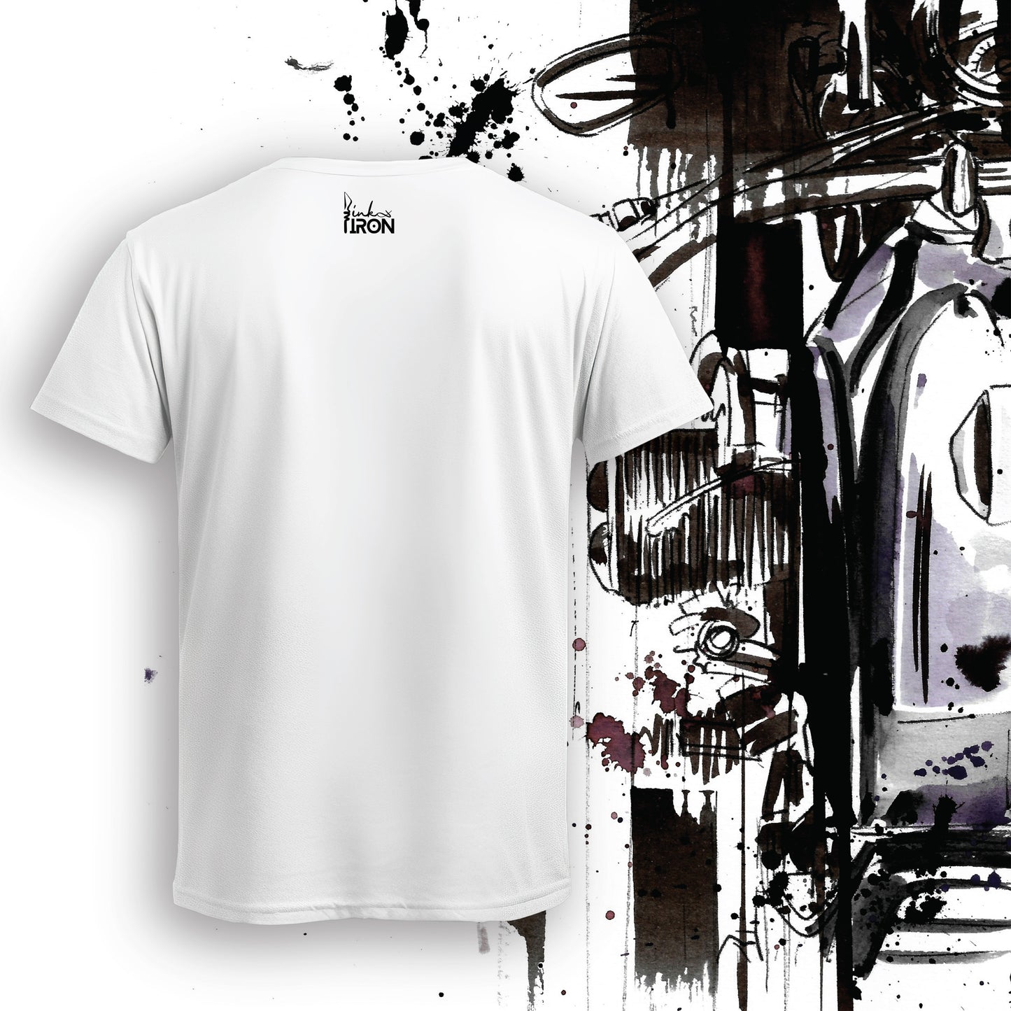 Top Shot Motorcycle T-Shirt (White) – Back view of a clean, minimalist design with subtle Ink and Iron branding on soft, breathable cotton.
