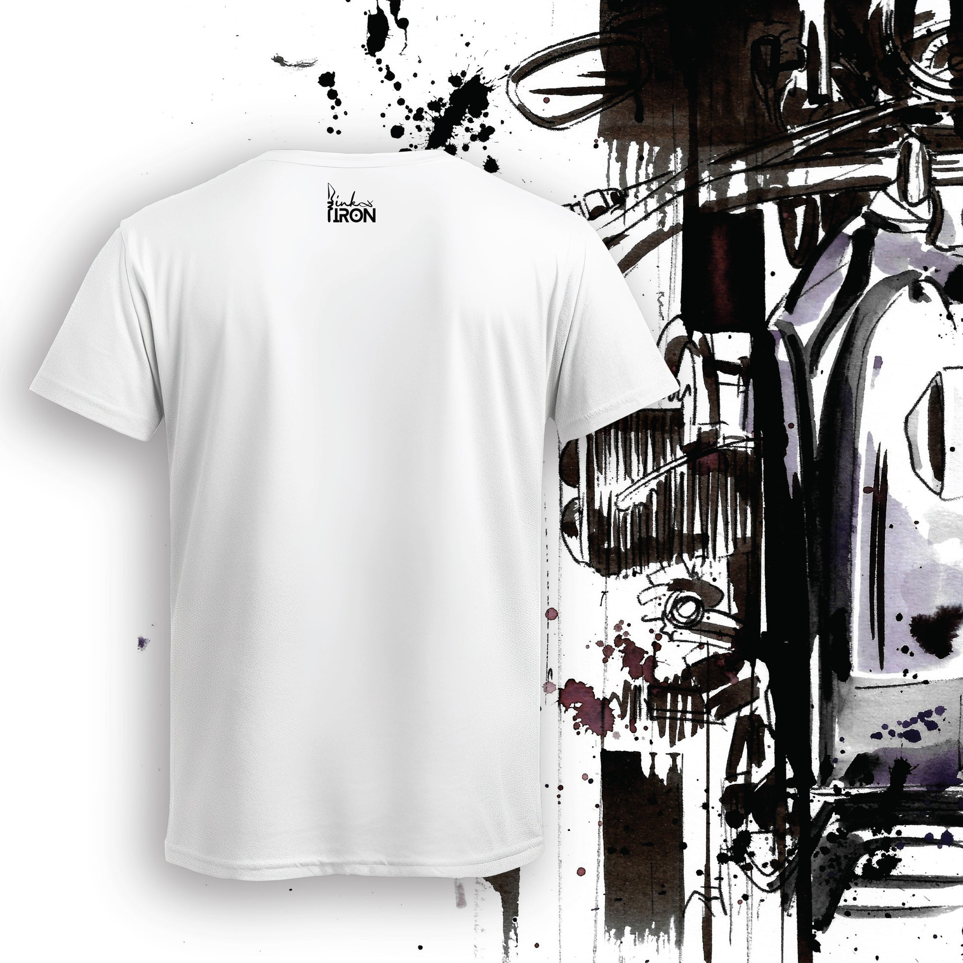 Top Shot Motorcycle T-Shirt (White) – Back view of a clean, minimalist design with subtle Ink and Iron branding on soft, breathable cotton.

