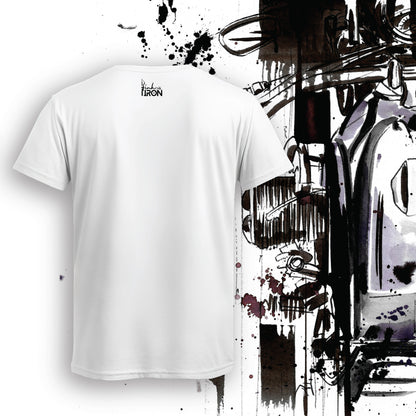 Top Shot Motorcycle T-Shirt (White) – Back view of a clean, minimalist design with subtle Ink and Iron branding on soft, breathable cotton.
