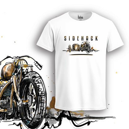 Side Hack Motorcycle T-Shirt (White) – Front view of vintage-inspired biker artwork by Ink and Iron, showcasing a detailed hand-drawn sidecar motorcycle graphic on premium cotton.