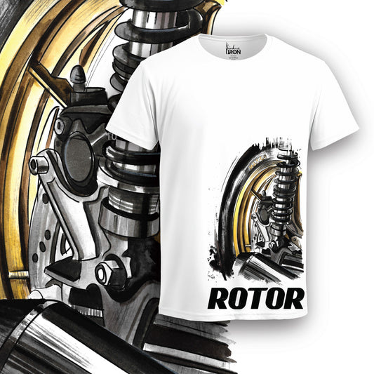 Rotor Motorcycle T-Shirt (White) – Front view of mechanical-inspired biker artwork by Ink and Iron, showcasing a detailed hand-drawn rotor and suspension graphic with bold typography on premium cotton.
