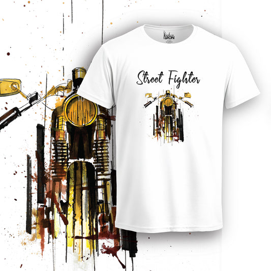 Street Fighter Motorcycle T-Shirt (White) – Front view of aggressive urban biker artwork by Ink and Iron, featuring a hand-drawn street-fighter motorcycle illustration with bold lines and dynamic composition on premium cotton.