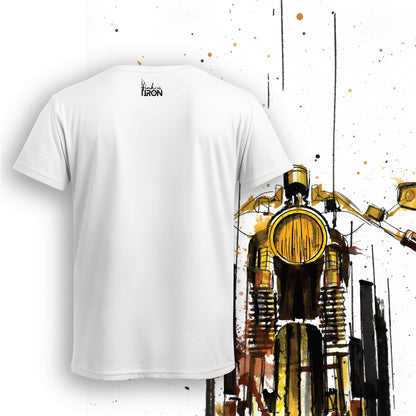 Street Fighter Motorcycle T-Shirt (White) – Back view of a clean, minimalist design with subtle Ink and Iron branding on soft, breathable cotton.
