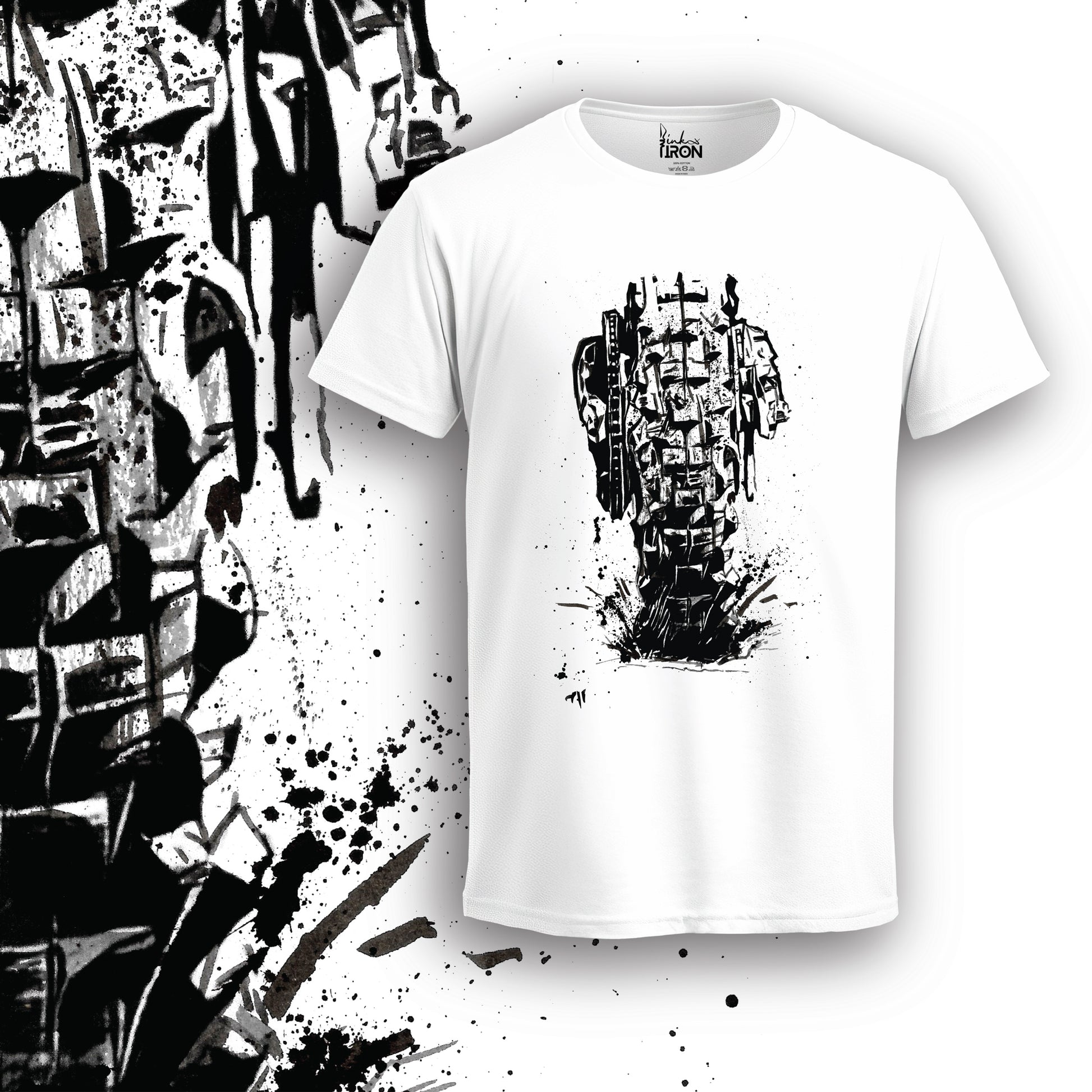 Knobbies Motorcycle T-Shirt (White) – Front view of rugged off-road biker artwork by Ink and Iron, featuring a detailed hand-drawn knobby tire illustration with bold textures on premium cotton.