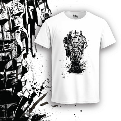 Knobbies Motorcycle T-Shirt (White) – Front view of rugged off-road biker artwork by Ink and Iron, featuring a detailed hand-drawn knobby tire illustration with bold textures on premium cotton.