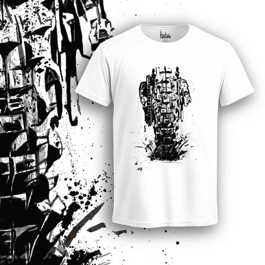 Knobbies Motorcycle T-Shirt (White) – Front view of rugged off-road biker artwork by Ink and Iron, featuring a detailed hand-drawn knobby tire illustration with bold textures on premium cotton.