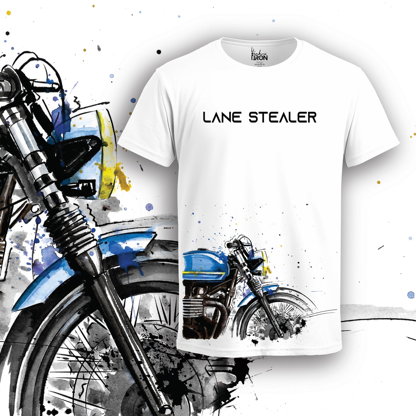 Lane Stealer Motorcycle T-Shirt (White) – Front view of urban-inspired biker artwork by Ink and Iron, featuring a hand-drawn motorcycle illustration with bold color accents and motion-driven composition on premium cotton.