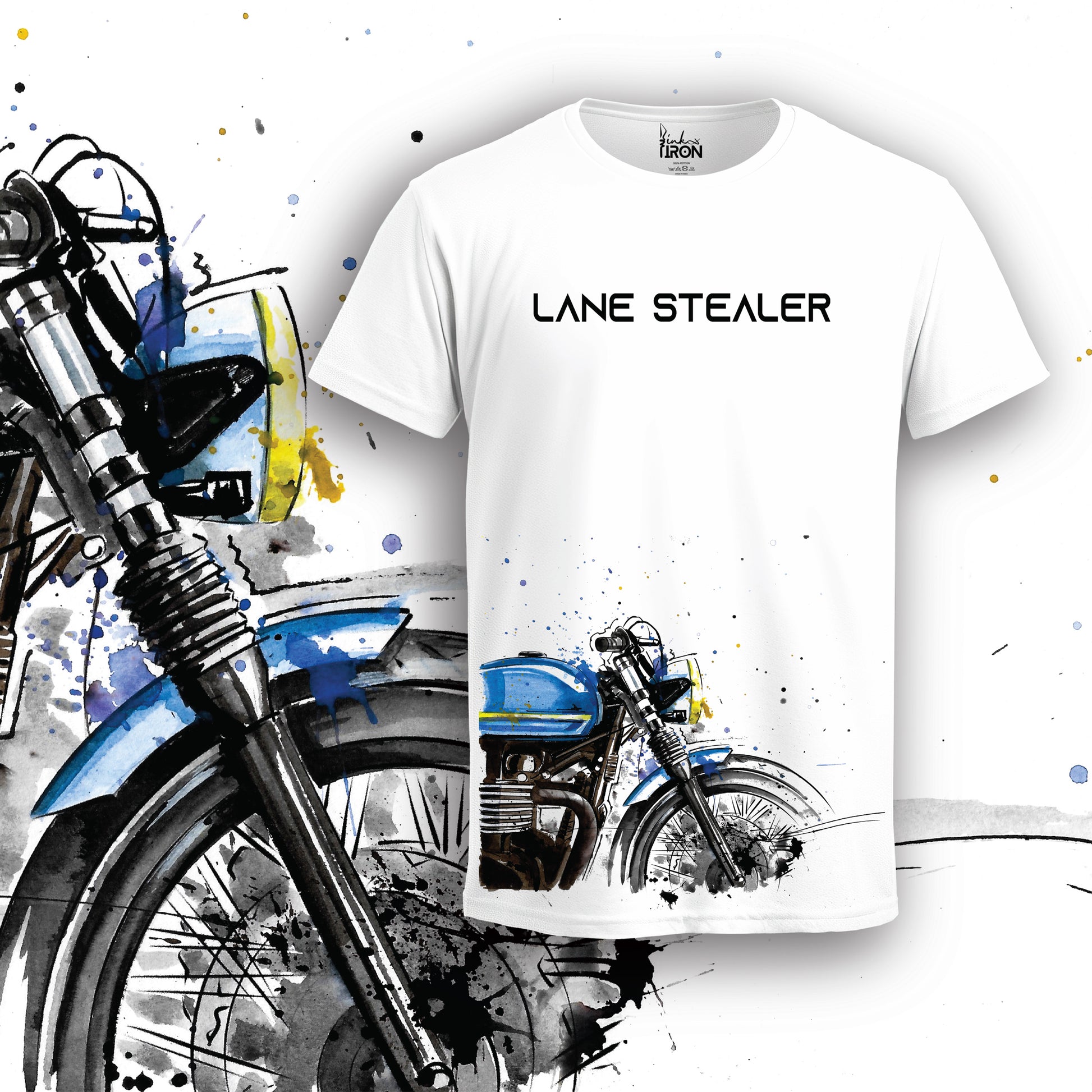 Lane Stealer Motorcycle T-Shirt (White) – Front view of urban-inspired biker artwork by Ink and Iron, featuring a hand-drawn motorcycle illustration with bold color accents and motion-driven composition on premium cotton.