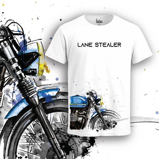 Lane Stealer Motorcycle T-Shirt (White) – Front view of urban-inspired biker artwork by Ink and Iron, featuring a hand-drawn motorcycle illustration with bold color accents and motion-driven composition on premium cotton.