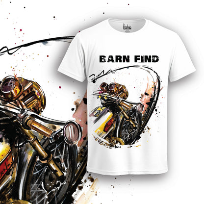 Barn Find Motorcycle T-Shirt (White) – Back view of a clean, minimalist design with subtle Ink and Iron branding on soft, breathable cotton.
