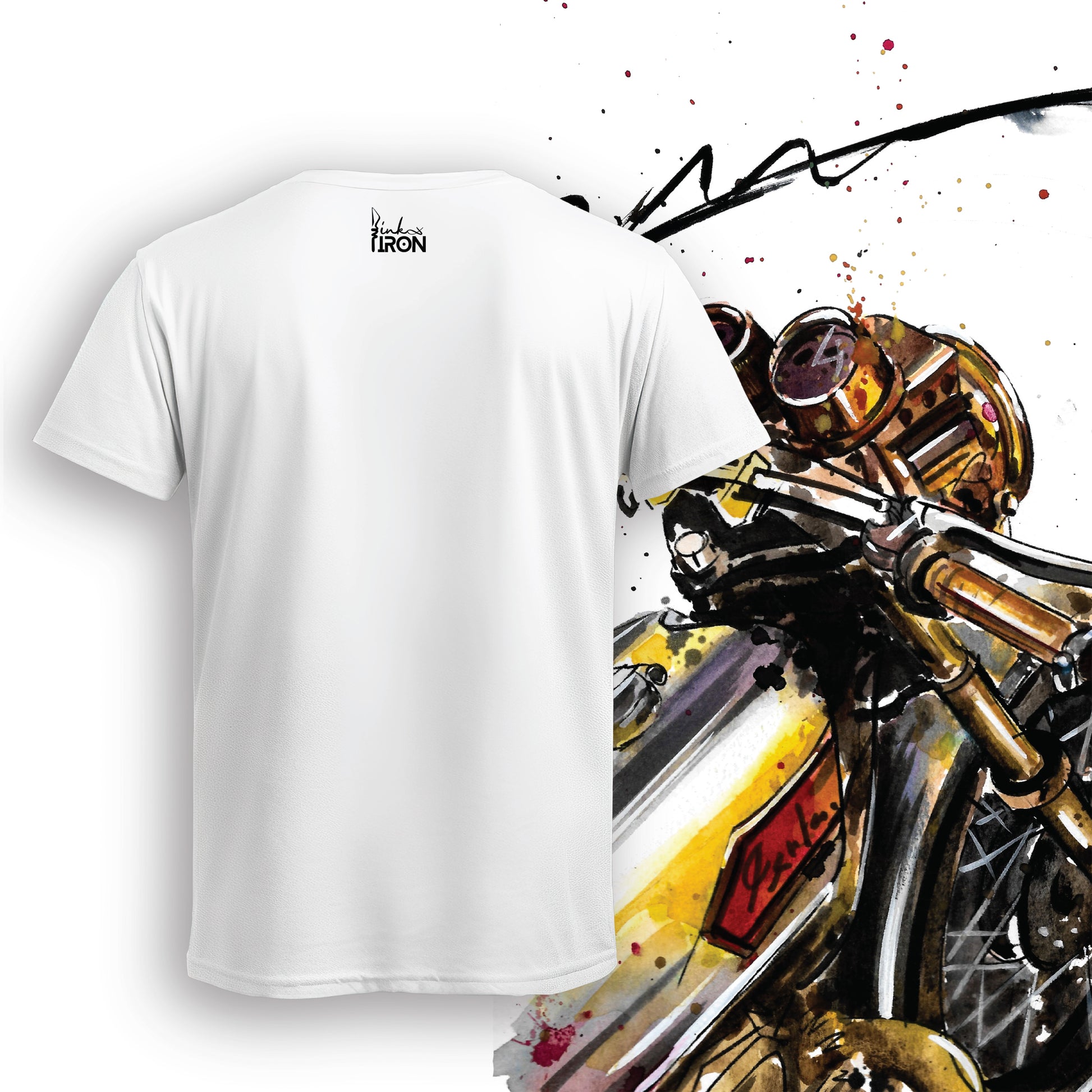 Barn Find Motorcycle T-Shirt (White) – Back view of a clean, minimalist design with subtle Ink and Iron branding on soft, breathable cotton.
