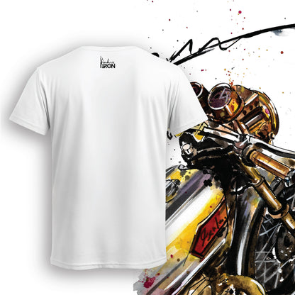 Barn Find Motorcycle T-Shirt (White) – Back view of a clean, minimalist design with subtle Ink and Iron branding on soft, breathable cotton.
