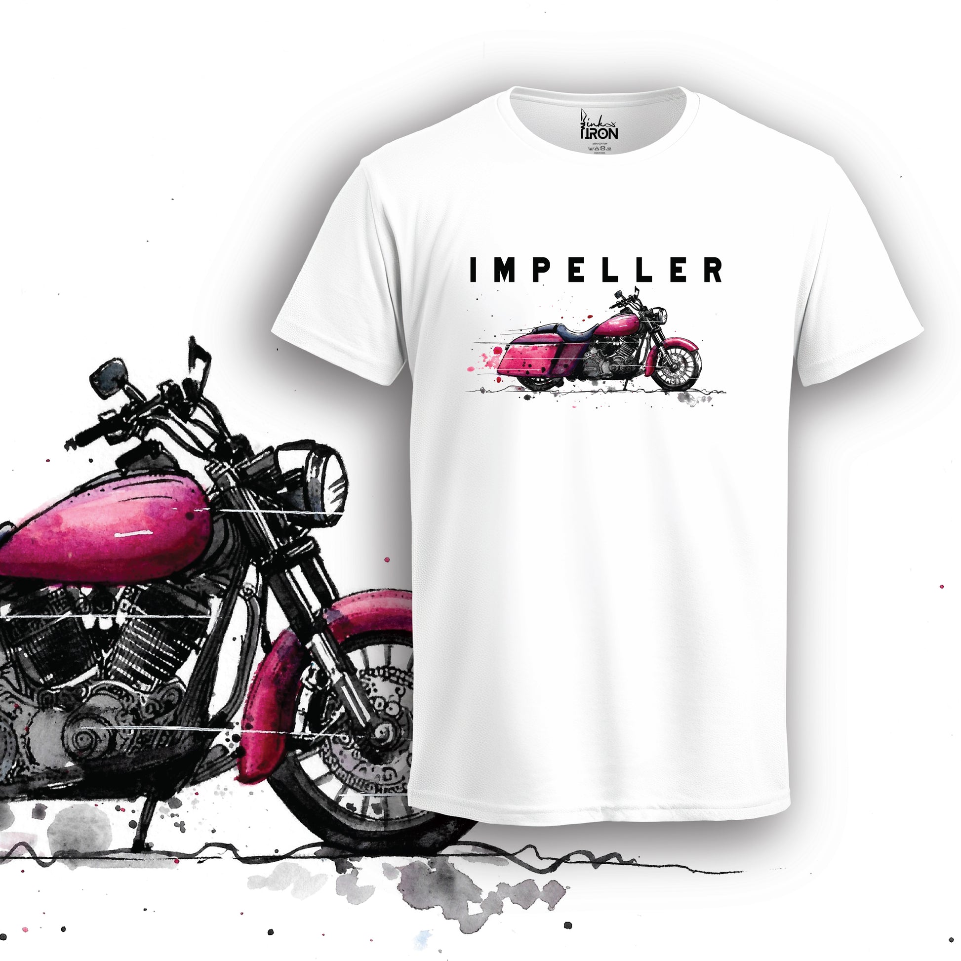 Impeller Motorcycle T-Shirt (White) – Front view of a power-inspired biker tee by Ink and Iron, featuring a detailed, hand-illustrated motorcycle design with bold accents on premium cotton.