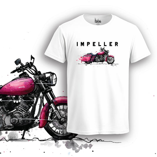Impeller Motorcycle T-Shirt (White) – Front view of a power-inspired biker tee by Ink and Iron, featuring a detailed, hand-illustrated motorcycle design with bold accents on premium cotton.