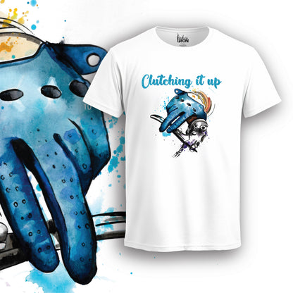 Clutching It Up Motorcycle T-Shirt (White) – Front view of a skill-inspired biker tee by Ink and Iron, featuring a bold, artistic clutch-themed illustration printed on premium cotton.