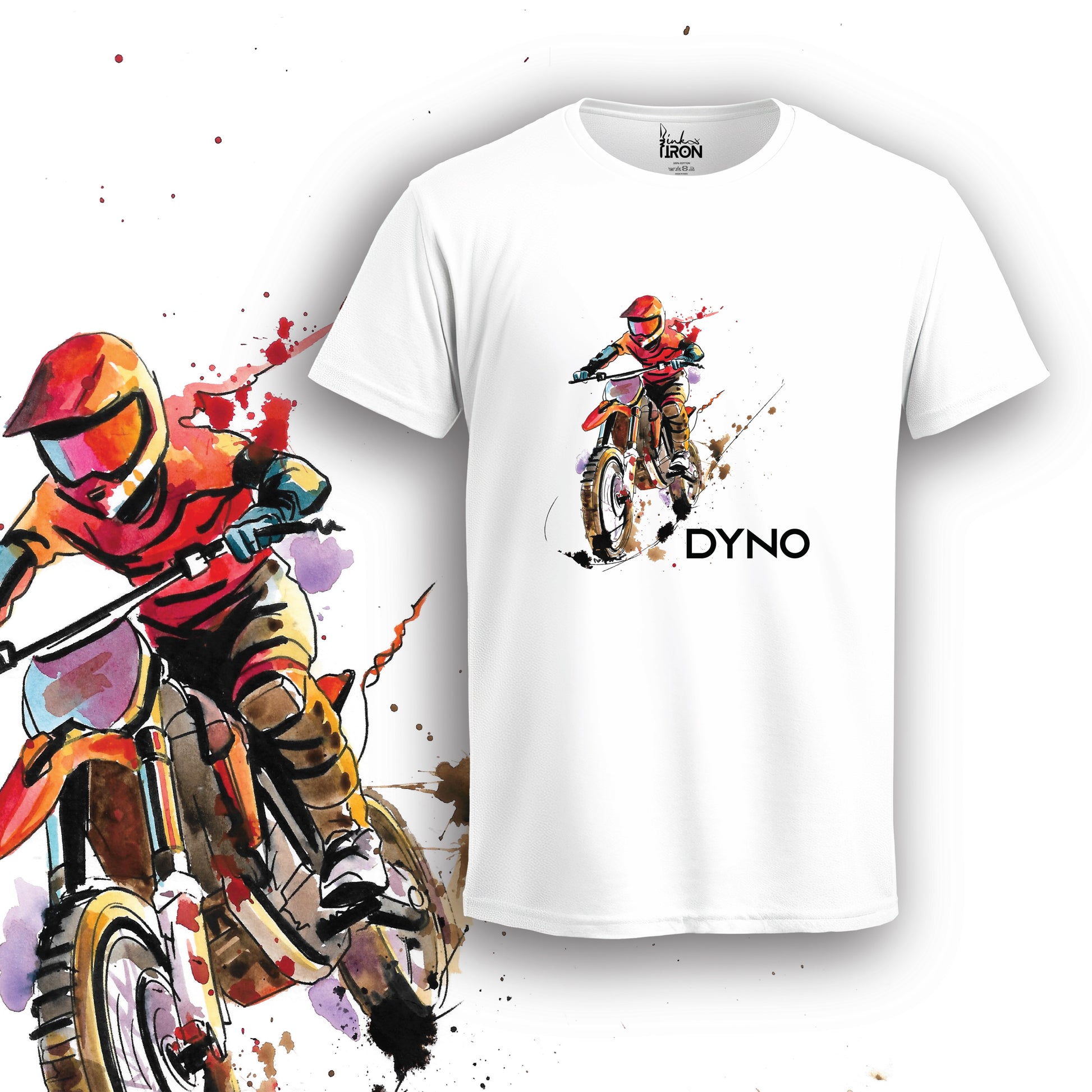 Dyno T-Shirt (White) – Front view of a high-energy scrambler-inspired tee by Ink and Iron, featuring a dynamic hand-drawn rider illustration on premium cotton.