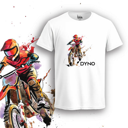 Dyno T-Shirt (White) – Front view of a high-energy scrambler-inspired tee by Ink and Iron, featuring a dynamic hand-drawn rider illustration on premium cotton.