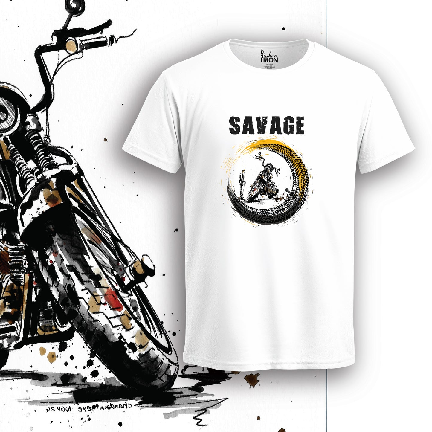 Savage Motorcycle T-Shirt (White) – Front view of a bold, attitude-driven biker tee by Ink and Iron, featuring a striking savage-inspired artwork printed on premium cotton.
