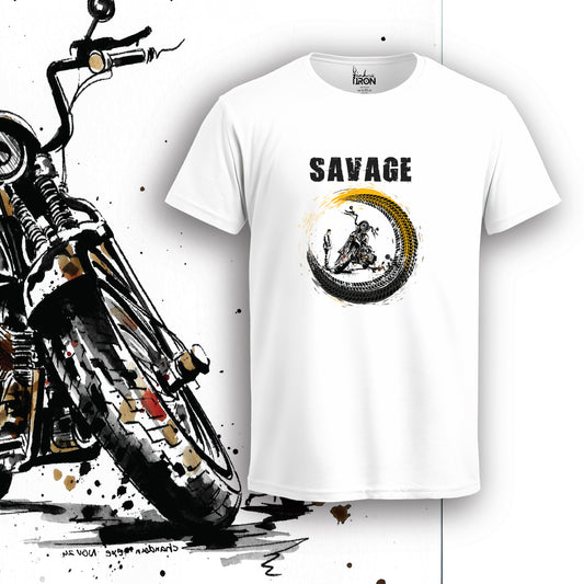 Savage Motorcycle T-Shirt (White) – Front view of a bold, attitude-driven biker tee by Ink and Iron, featuring a striking savage-inspired artwork printed on premium cotton.
